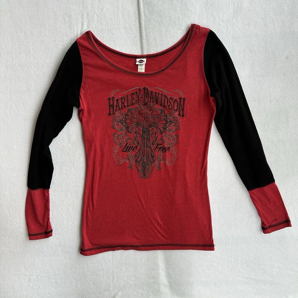 Harley Davidson Red And Black Long Sleeve Women's Shirt Large
